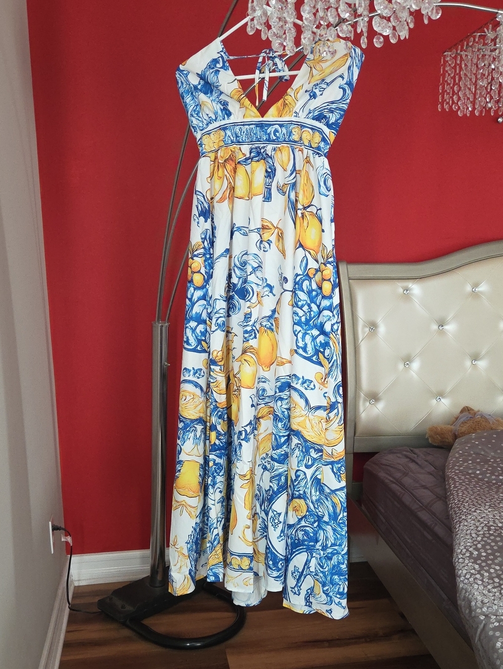 Yellow & Blue Floral Maxi Dress with V-Neck